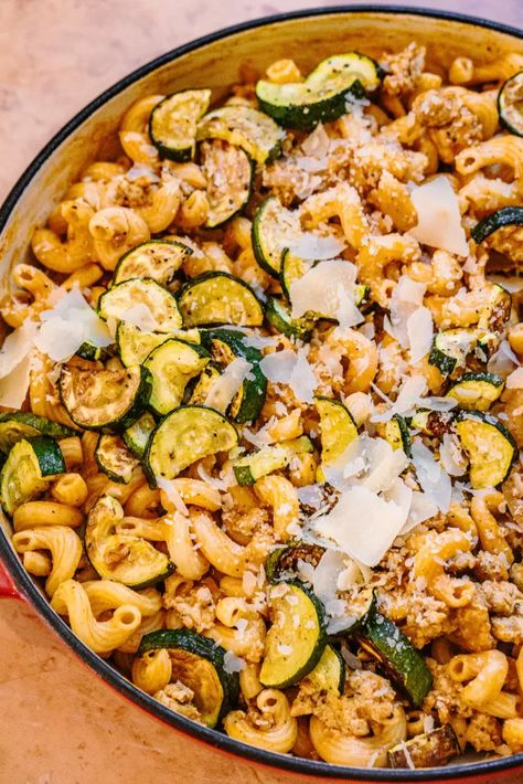 New! Delicious Italian Sausage Pasta with Zucchini (with 4 spin-offs) - My Kitchen Little Freezing Cooked Pasta, Creamy Italian Sausage Pasta, Reheat Pasta, Creamy Sausage Pasta, Cavatappi Pasta, Pasta With Zucchini, Chicken Sausage Pasta, Italian Sausage Pasta, Radicchio Salad