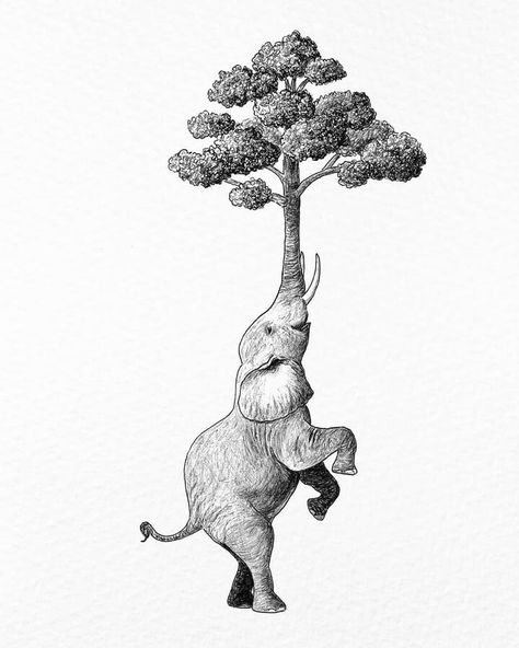 Elephant Ink Drawing, Surreal Tree Art, Surrealistic Drawings, Trippy Nature Tattoo, Simple Ink Drawing, Unrealistic Drawings, Surreal Drawing Ideas, Surrealism Sketch, Elephant Art Drawing