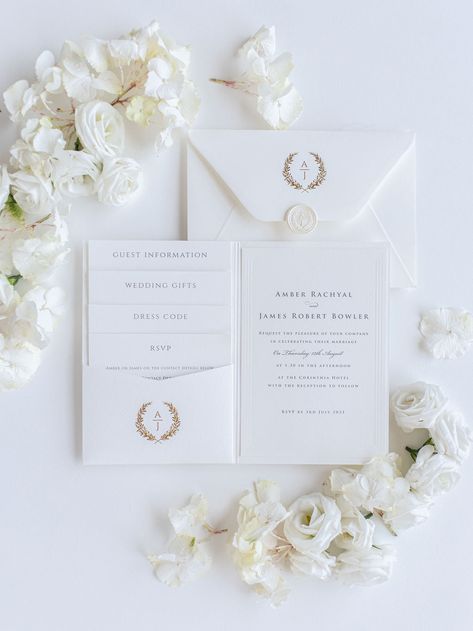 Ceremony Invitation, Pocket Fold Wedding Invitations, Monogram Wedding Invitations, All White Wedding, White Wedding Invitations, Luxury Invitation, Pocket Wedding Invitations, Luxury Wedding Invitations, Gold Wedding Invitations