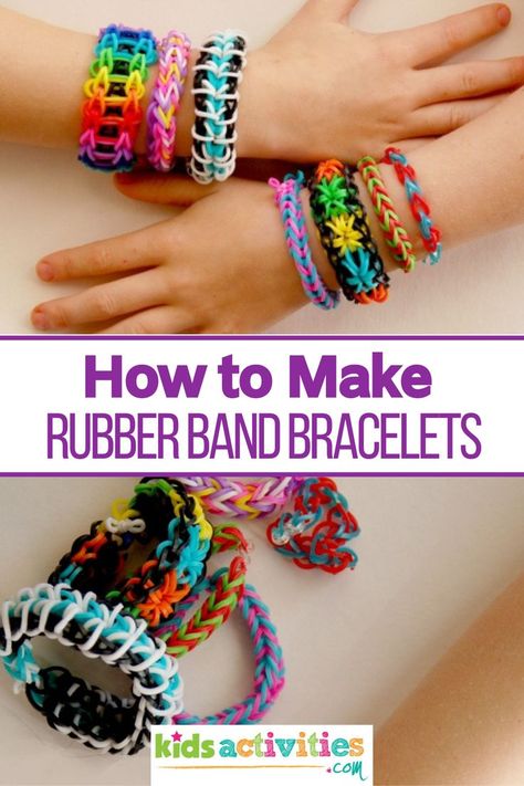 Get the details on How To Make Rubber Band Bracelets. Are Rainbow Looms the rage at your house? They are at ours and the colorful rubber bands are everywhere! I don’t know what our kiddos like more, wearing the bracelets, creating them or gifting them to their pals. We adore DIY jewelry and friendship bracelets. We have our favorite fun bracelet crafts for kids of all ages and adults to make. Rubber Band Friendship Bracelets, Rubber Band Keychains, How To Make Rubber Band Bracelets Easy, Crochet With Rubber Bands, How To Make A Rubber Band Bracelet, Rubber Band Bracelet Ideas Without Loom, How To Make Rubber Band Bracelets, Rubberband Bracelets Ideas, Bracelets Rubber Bands