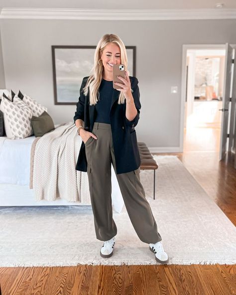 Love this elevated casual outfit idea! Black blazer, blazer, elevated casual, Express cargo pants, satin joggers, joggers, blazer, Addidas sneakers, fall outfit, date night outfit, night out outfit, casual outfit. Follow me on IG & LTK @homewiththetimms for more! Black Joggers Office Outfit, Black Cargo Pants And Blazer Outfit, Spring Black Cargo Pants For Loungewear, Black Cargo Joggers Outfits Women, Spring Athleisure Cargo Joggers, Sneakers Fall Outfit, Jogger Pants Outfit Women, Elevated Casual Outfit, Joggers Outfit Women