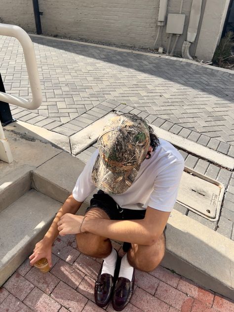 Fashion inspo, loafers, jorts, white tee, minimal, Camo Hat Outfit Men, Camo Hat Outfit, Camo Hats Outfits, White Cap Outfit, Camo Aesthetic, Hat Outfit Men, Boys Aesthetic Outfits, White Tees Outfit, Indie Dark