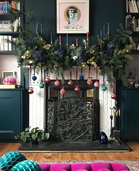 Times Property on Instagram: “Up your garland game for Christmas 2021 like Emily Murray of @pinkhouseliving 💛💚💙💜 Her mantelpiece is beckded with baubles, candles and…” Christmas Mantel Decorations, Christmas Mantle, Christmas Inspo, Christmas Fireplace, Christmas Mantels, Mantel Decorations, Christmas Deco, Cozy Christmas, Christmas Inspiration