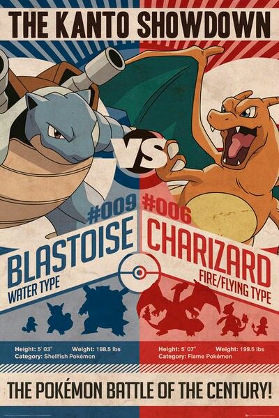 Pokemon Duel, Pokemon Blastoise, Fire Type Pokémon, Water Type Pokemon, Pokemon Poster, Red Vs Blue, Pokemon Red, Epic Battle, Pokemon Gifts