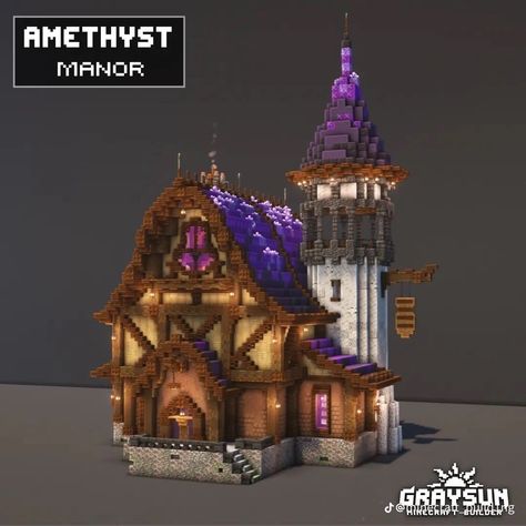 Minecraft Fantastic House, Mincraft Idea Houses Magical, Cool Minecraft Houses Mansions, Minecraft Fantasy Wall Designs, Magic Minecraft Houses, Modded Mc House, Amethyst Manor Minecraft, Cute Minecraft Fantasy House, Minecraft House Ideas Castle