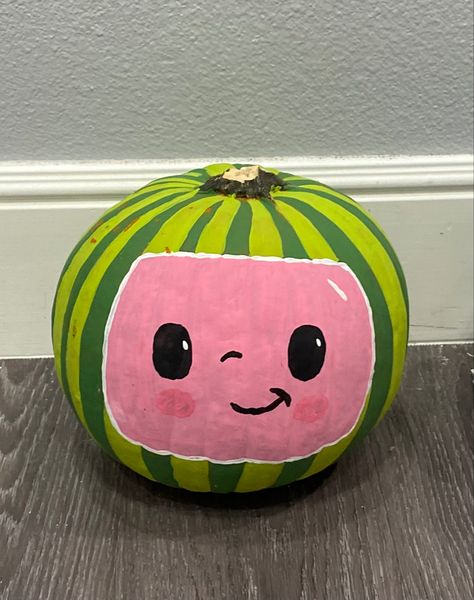 Coco Melon Pumpkin, Cocomelon Painted Pumpkin, Pumpkin Painting Girly, Cocomelon Pumpkin, Cute Pumpkin Painting Ideas Girly, Pumpkin Painting Ideas Girly, Halloween Cocomelon, Mini Pumpkin Painting Ideas, Halloween Pumpkin Painting Ideas