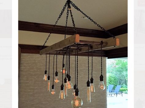 Island Kitchen Lighting Ideas, Ladder Chandelier, Kitchen Chandelier Ideas, Beam Lighting, Farmhouse Ladder, Farmhouse Light, Chandelier Ideas, Pot Racks, Farmhouse Light Fixtures