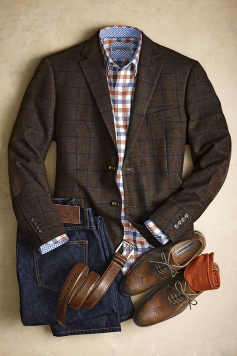 These items are from Johnston & Murphy. They are the Wool-Blend Blazer, Herringbone Check Shirt, J & M Denim, Perfed-Edge Belt, Pima Cotton Socks, Tyndall Wingtip. Fall Fashion Coats, Tweed Jackets, Herren Style, Mens Fashion Edgy, Mens Fashion Smart, Hipster Man, Auburn University, Sharp Dressed Man, Well Dressed Men