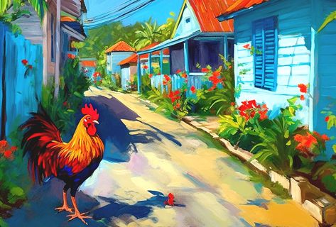 Caribbean Street Scene: Rooster in the Road, Art from West Indies, Caribbean Print Wall Art, Rooster Print, Chicken Art by WestIndiesArtCo on Etsy Caribbean Culture West Indies, Carribean Art Paintings, Caribbean Art West Indies, West Indies Art, Caribbean Watercolor, New Orleans Streetcar Painting, Road Painting, Rooster Print, Caribbean Art