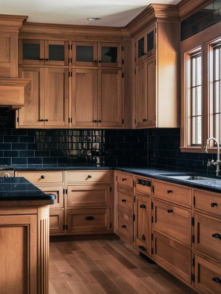 Stained Cabinets Black Countertops, Maple Cabinets Dark Countertops, Prairie Style Kitchen Cabinets, Kitchen Inspiration Wood Cabinets, Kitchen Mahogany Cabinets, Walnut Cabinets With Black Hardware, Walnut Color Kitchen Cabinets, Wood Cabinets Kitchen Black Counter, Light Countertops Wood Cabinets