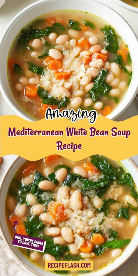 Looking for a healthy and delicious Mediterranean dinner option? This Mediterranean White Bean Soup is the perfect blend of wholesome ingredients and vibrant flavors. It’s a nourishing choice that everyone will love. Don’t forget to save this recipe for your next cozy dinner night! Mediterranean White Bean Soup, Mediterranean Diet Soup, What Is Mediterranean Diet, Mediterranean Soup Recipes, Mediterranean Diet Recipes Breakfast, Mediterranean Soup, Butter Bean Soup, Mediterranean Herbs, Mediterranean Dinner