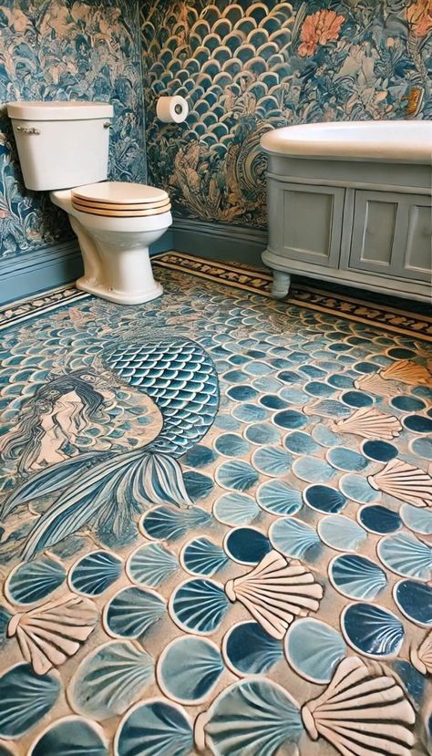 Mermaid Bathroom Ideas Ocean Theme Bathroom Ideas, Mermaid House, Ocean Theme Bathroom, Mermaid Tile, Tile Artwork, Mermaid Bathroom, Starfish Decor, Seaside Cottage, Lighting Design Interior