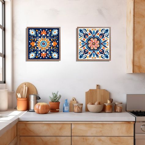 Mexican Kitchen Wall Art, Gallery Set of 4 Talavera Tile Matte Poster Prints, Classic Mexico Folk Art, Rustic Hacienda Cocina Home Decor - Etsy Mexican Style Kitchen Decor, Mexican Interior Design Modern, Mexican Kitchen Decor Ideas, Talavera Tile Kitchen, Modern Mexican Decor, Talavera Decor, Mexican Interior Design, Mexican Interiors, Mexican Kitchen Decor