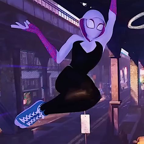 Spider Gwen Converse, Gwen Stacy Across The Spiderverse Pfp, Gwen Stacy Into The Spiderverse Icons, Ghost Spider Fanart, Gwen Spiderman Into The Spiderverse, Spider Gwen Swinging, Ghost Spider Pfp, Spider Gwen Poses, Spider Gwen Suit