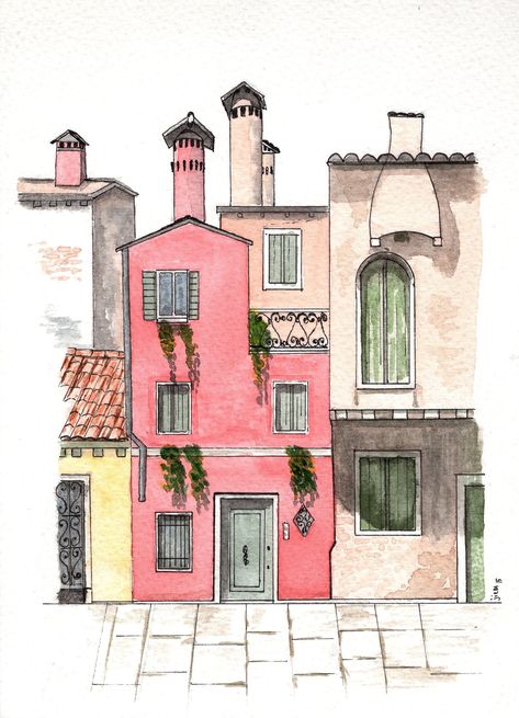 Architecture Watercolor, Illustration Building, Building Illustration, Architecture Drawing Art, Soyut Sanat Tabloları, Hur Man Målar, Building Architecture, Building Art, 수채화 그림