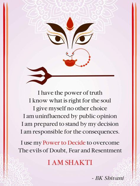 Goddess Durga Quotes, Durga Quotes, Navratri Quotes, Bk Shivani Quotes, Goddess Quotes, Brahma Kumaris, Healing Mantras, Mantra Quotes, Divine Feminine Spirituality