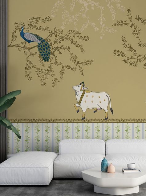 Transform your temple walls with our exquisite Indian Pichwai Wallpaper Mural in radiant yellow tones. This traditional canvas painting features intricate depictions of peacocks and cows, embodying the rich heritage of Pichwai art. Perfect for creating an ethnic ambiance, this handmade wall covering serves as a stunning backdrop for any sacred space. Elevate your décor with this ethnic wallpaper, ideal for a mandir or any setting that celebrates Indian artistry. Crafted with care, this mural add Mandir Painting Ideas, Pichwai Wall Art, Wall Murals Indian, Pooja Room Wallpaper, Indian Wall Mural, Indian Mural Wall Art, Pooja Wallpaper, Pichwai Paintings Cows, Pichwai Designs