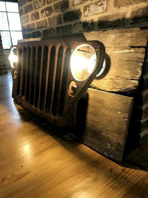 Jeep Furniture, Jeep Crafts, Grill Wall, Mechanic Shop Decor, Jeep Garage, Cafe Theme, Jeep Art, Man Cave Items, Car Parts Decor