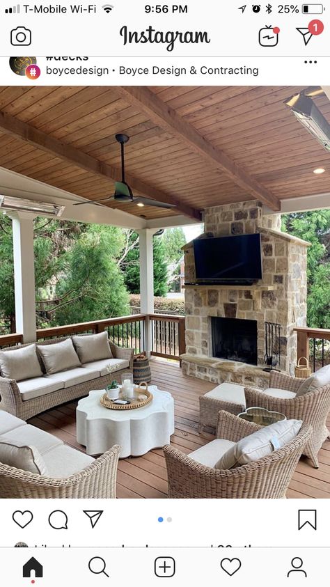 Deck With Roof And Fireplace, Large Porch Furniture Layout, Covered Patio Design With Fireplace, Outdoor Fireplace On Deck Covered Patios, Screened In Porch Seating Ideas, Covered Deck Fireplace, Back Deck Fireplace, Outdoor Deck With Fireplace, Back Deck With Fireplace