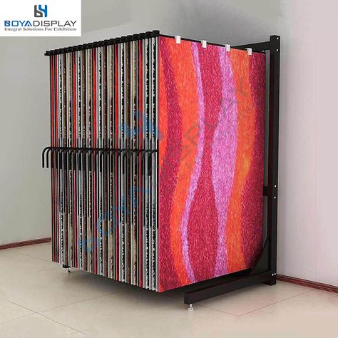 Custom size page-turning type carpet rug fabric display rack for showroom Carpet Store Design, Rug Display, Carpet Display, Sample Display, Fabric Store Design, Metal Clothes Rack, Warehouse Design, Carpet Stores, Jaipur Rugs