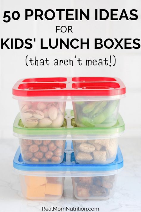 Are you looking for protein ideas for lunch boxes--that aren't meat? I've got 50 of them for you that your child will love. #realmomnutrition #proteinsnacks #lunchboxideas #kidfriendly #nutritionforkids Protein Foods For Kids, Protein Snacks For Kids, Ideas For Lunch, Pancakes Protein, Protein Box, Protein Ideas, Vegetarian Kids, Protein Dinner, Protein Lunch