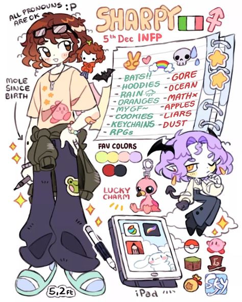 Sharpycharot Art, Oc Reference Sheet Character Design, Reference Sheet Character, Oc Reference Sheet, Oc Sheet, Oc Sheet Character Design, Tired Af, Backpack Drawing, Character Reference Sheet