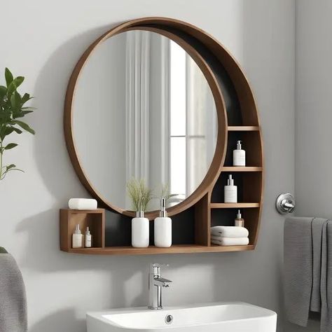 Bathroom Accessories Small Space, Diy Bathroom Mirror With Storage, Round Bathroom Mirror With Storage, Powder Bathroom Storage Ideas, Creative Bathroom Mirror Ideas, Small Bathroom Large Mirror, Simple Bathroom Cabinets, Bathroom Mirror Next To Window, Bathroom Shelves Ideas The Wall