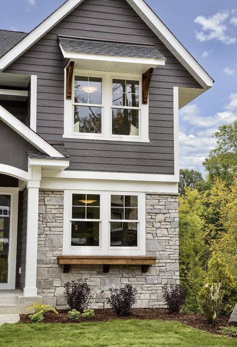 Shake Siding Exterior Accent, Lake House Exteriors, Adding Stone To Exterior Houses, Window Styles For Homes, Window Styles For Homes Exterior, Vynil Siding House Exterior With Stone, Cobble Stone Hardie Siding, Exterior House Colors 2023, Cobblestone Hardie Plank Siding