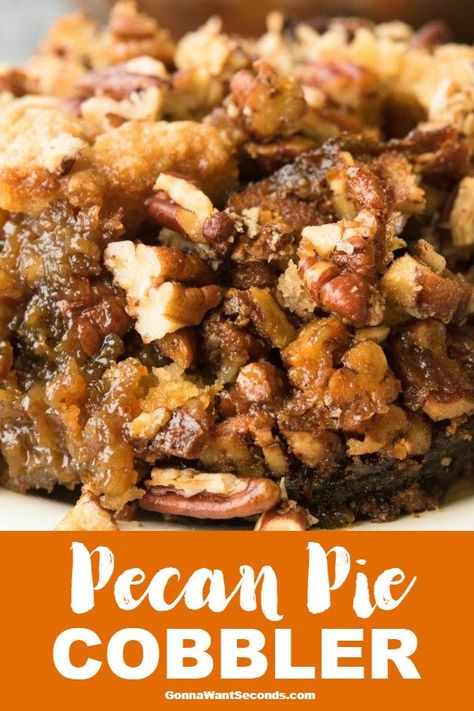 Pecan Pie Cobbler brings together the ooey gooey filling of pecan pie with the decadent cake-like topping of your favorite cobbler! It’s to die for delish! #PecanPieCobbler #Pecans Pecan Pie Cobbler Recipe, Pecan Cobbler Recipe, Pecan Pie Cobbler, Pecan Cobbler, Pecan Desserts, Pecan Pie Filling, Cobbler Recipe, Pecan Recipes, Decadent Cakes