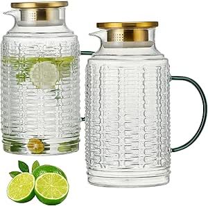 Buaic Glass Pitcher with Lid, 2 PACK 68 oz/2L Liter Vintage Water Pitcher, Clear Borosilicate Glass Water Carafe for Cold Brew, Coffee, Lemonade, Iced Tea,Beverage, Heat Resistant Water Glass Jug Coffee Lemonade, Glass Water Carafe, Lemonade Iced Tea, Pitcher With Lid, Water Carafe, Glass Jug, Water Pitcher, Glass Pitcher, Water Pitchers