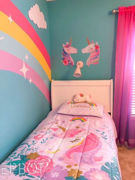 EPBOT: Our Rainbow Unicorn Bedroom Makeover Pink Unicorn Bedroom, Pink Unicorn Room, Rainbow And Unicorn Bedroom, Girls Unicorn Bedroom Ideas, Unicorn And Rainbow Bedroom, Unicorn Bedroom Ideas Kid Rooms, Rainbow Room Kids Girl Bedrooms, Unicorn Room Ideas, Rainbow Unicorn Bedroom