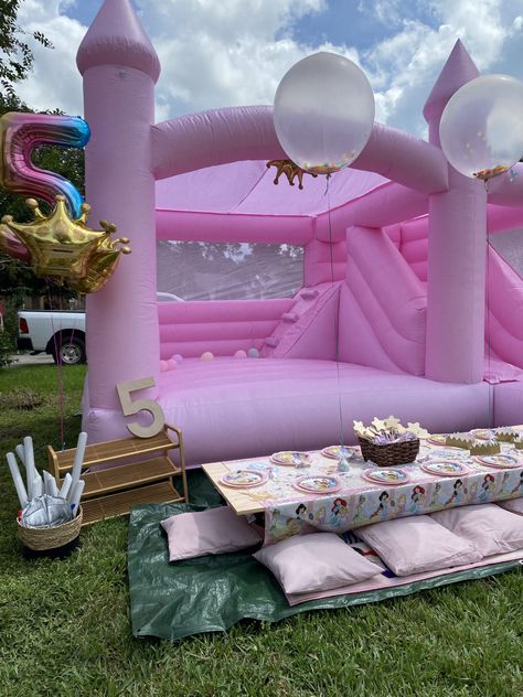 Princess Tea Party Birthday, House With Slide, Lila Party, Princess Birthday Party Ideas, Bounce House With Slide, Disney Princess Theme, Princess Birthday Party Decorations, Disney Princess Birthday Party, Princess Theme Birthday