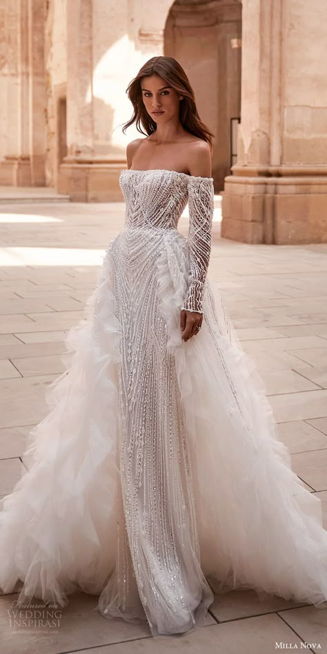 Embellished Wedding Dress With Sleeves, Graceful Wedding Dress, Mermaid Inspired Wedding Dress, Straight Wedding Dress With Sleeves, 2024 Wedding Gowns, Wedding Dresses 2024 Bridal Collection, Wedding Gown 2024, Wedings Drees 2024, Bridal Dresses 2024