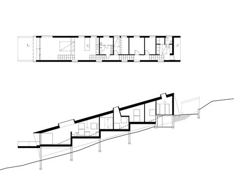 How to Design Architecture for a Steeply Sloping Site - Architizer Journal Houses On Slopes, Slope House Design, Sloping Lot House Plan, Slope House, Timber Cabin, Hillside House, Architecture Concept Diagram, Architectural Section, Architecture Concept Drawings