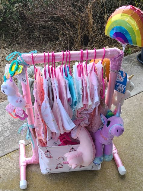 Baby shower, unicorn themed baby gift, baby shower closet gift Baby Shower Closet Gift, Baby Shower Closet, Wrapping With Ribbon, Shower Clothes, Shower Closet, Baby Shower Clothes, Baby Doll Strollers, Baby Hangers, Hang Clothes