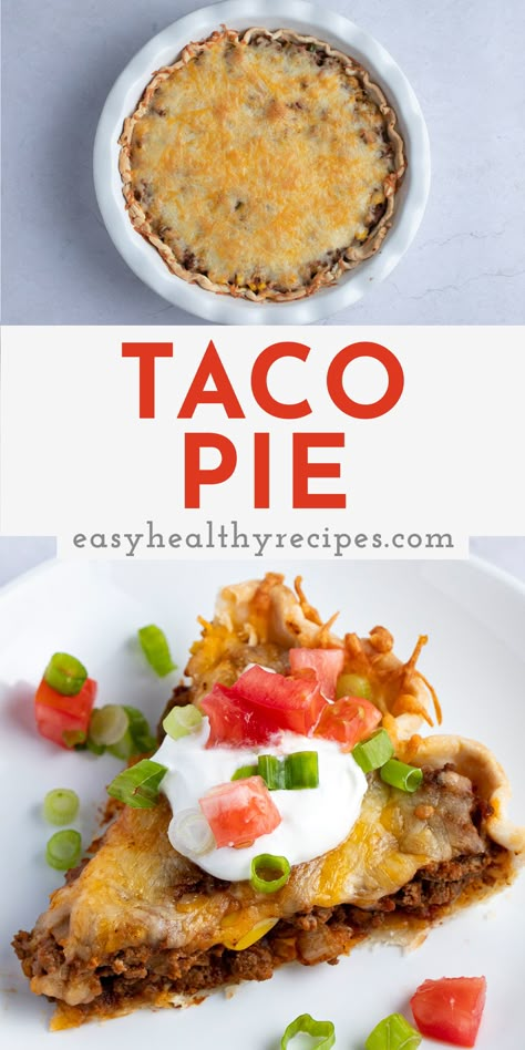 Mix up your next taco night with this delicious, easy taco pie recipe. It's loaded with ground beef, onion, bell pepper, salsa, refried beans, corn, and taco seasoning, all topped with shredded cheese and baked in a savory pie crust. This taco pie is going to be a new family favorite dinner! Bell Pepper Salsa, Easy Taco Pie, Savory Pie Crust, Taco Pie Recipes, Meat Pie Recipe, Pepper Salsa, Frozen Pie Crust, Taco Pie, Taco Fillings