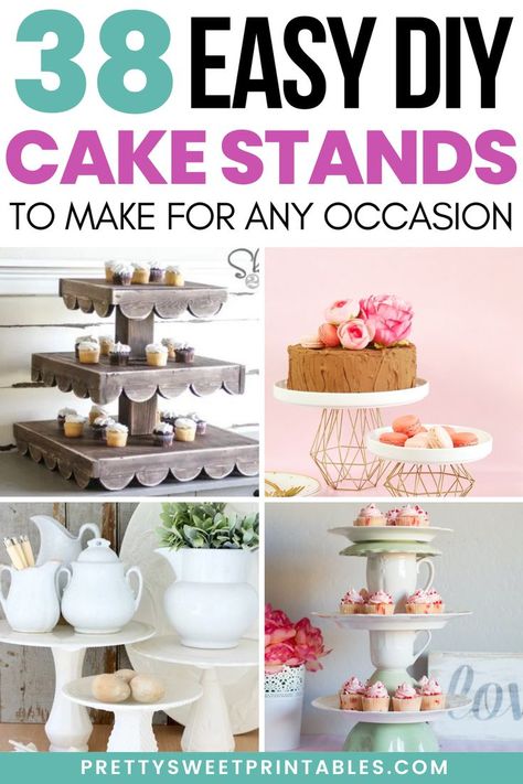 diy cake stand Diy Treat Stand, Cake Stand Ideas, Wedding Treats Table, Diy Dessert Stand, Easy Diy Cake, Diy Cake Stands, Dessert Tier, Elegant Cake Stands, Dessert Display Wedding