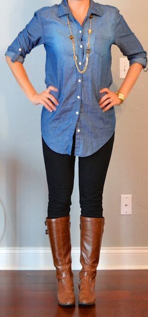 30 Days of Outfit Ideas: Color Palette + Chambray Shirt + Pants + Boots - Nada Manley - Fun with Fashion Over 40 Chambray Outfit, Kemeja Denim, Pants Boots, Simple Work, Rock Outfit, Boating Outfit, Legging Outfits, Mode Casual, Fall Outfits For Work