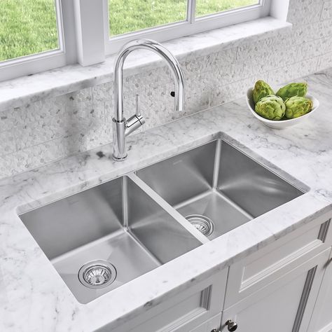 BLANCO Quatrus Undermount 32-in x 18-in Satin Double Equal Bowl Kitchen Sink in the Kitchen Sinks department at Lowes.com Double Bowl Undermount Kitchen Sink, Stainless Steel Double Bowl Kitchen Sink, Kitchen Chores, Double Bowl Kitchen Sink, Kitchen Solutions, Steel Kitchen Sink, Double Basin, Bar Sink, Farmhouse Sink Kitchen