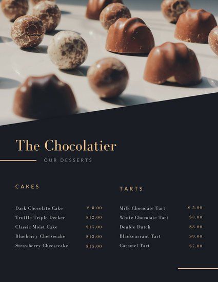 Black and Yellow Chocolate Dessert Menu Chocolate Catalogue Design, Chocolate Menu Design, Chocolate Poster Design Ideas, Cake Menu Design Ideas, Dessert Menu Design Ideas, Dessert Menu Design, Luxury Menu Design, Dessert Menu Template, Bakers Menu