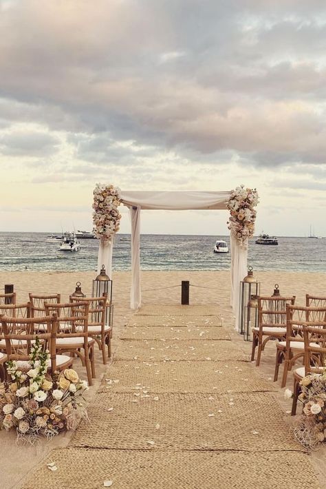 Beach Wedding Canopy, Wedding Ideas For Beach Weddings, Morning Beach Wedding Ideas, Basic Beach Wedding, Beach Wedding Sitting Ideas, Wedding Venues On The Beach, Beach Wedding Walkway Ideas, Beach Aisle Decorations, Hupa Wedding Ideas