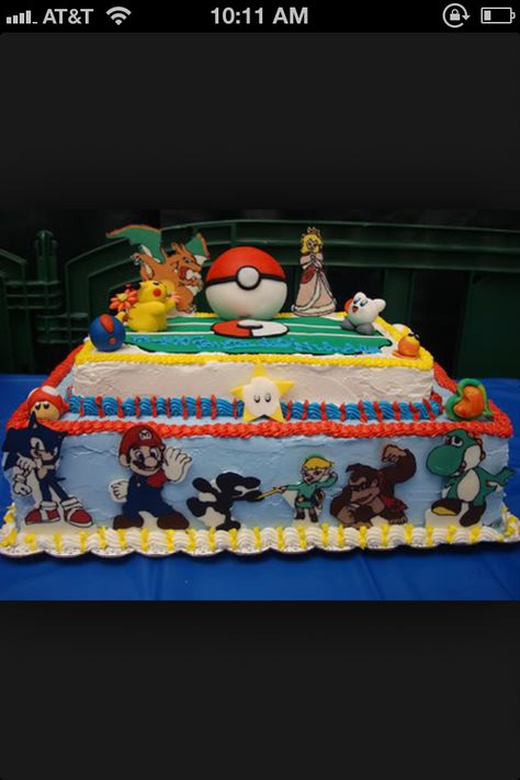 Cake with figures Smash Bros Cake, Super Smash Bros Party, Friend Codes, Wii Party, Nintendo Party, Mario Birthday Cake, Pokemon Stadium, Super Smash Bros Brawl, Video Games Birthday Party