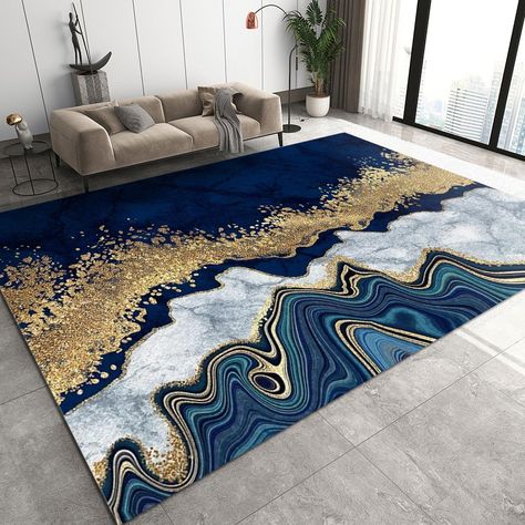 PRICES MAY VARY. ✿ CHOOSING THE RIGHT SIZE - The area rugs come in sizes 3x2ft, 2x6ft, 3x4ft, 3x5ft, 4x5ft, 4x6ft, 5x6ft, 5x7ft, 5x8ft, 6x8ft. being able to meet your individual requirements. ✿ SofT MATERIAL - The carpet in this area consists of an upper layer of Flannel, a middle layer of sponge, and a bottom layer of plastic anti-slip layer. The soft texture adds comfort to your hard floors. ✿ BEST HOUSEKEEPING - Dust and dirt on the surface can be removed easily. You can clean spills immediat Navy Blue And Gold Office Ideas, Navy And Gold Office, Blue And Gold Rug, Navy Living Room Decor, Texture Living Room, Blue And Gold Living Room, Throw Rugs Bedroom, Kitchen Open Concept, Rug For Office