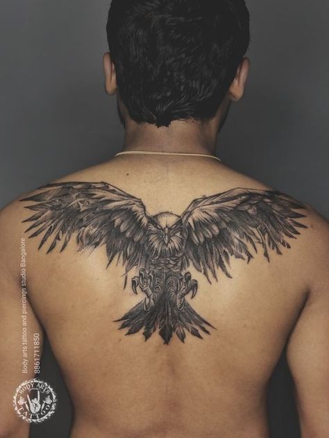 Eagle Back Tattoo. Eagle With Wings Tattoo, Eagle Open Wings Tattoo, Falcon Back Tattoo, Eagle On Back Tattoo, Neck Tattoo Eagle, Eagle Tattoo For Women On Back, Bird On Back Tattoo, Eagle Back Tattoos For Guys Upper, Eagle Wings Tattoo On Back