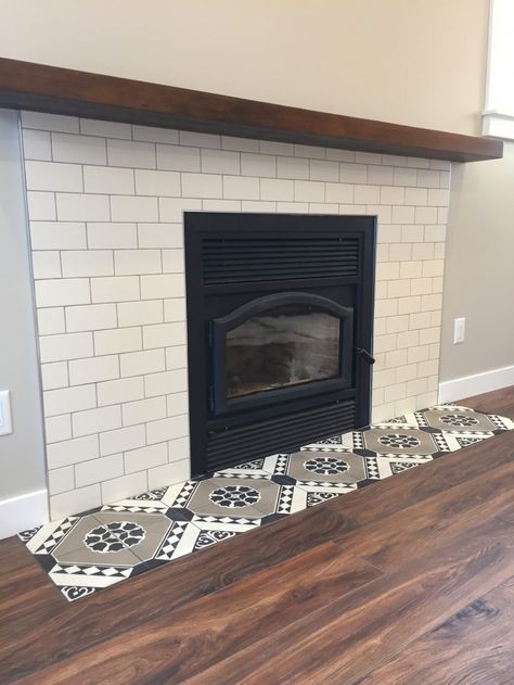 cement tile subway tile fireplace surround Subway Tile Fireplace Surround, Tile Ideas For Small Bathrooms, Subway Tile Fireplace, Tile Fireplace Surround, Tile Makeover, Marble Bathroom Floor, Fireplace Redo, Ideas For Small Bathrooms, Tile Fireplace