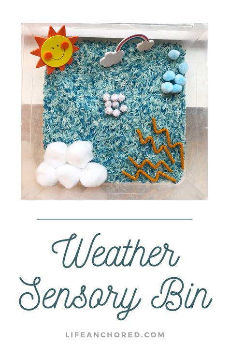 Weather Sensory Bin DIY - Life Anchored April Showers Sensory Bin, Weather Sensory Play, Storm Sensory Bin, 4 Seasons Sensory Bin, Cloud Sensory Bin, Weather Sensory Activities, Creation Sensory Bin, Weather Eyfs, Rain Sensory Bin