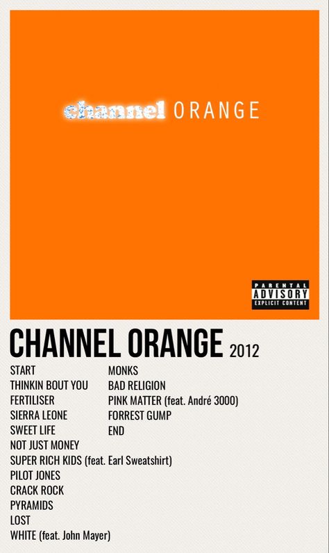 minimal poster of the album channel orange by frank ocean Chanel Orange Album Cover, Frank Ocean Album Cover Poster, Chanel Orange Frank Ocean Poster, Chanel Orange Poster, Chanel Orange Frank Ocean, Super Rich Kids Frank Ocean, Frank Ocean Album Poster, Channel Orange Album Cover, Channel Orange Poster