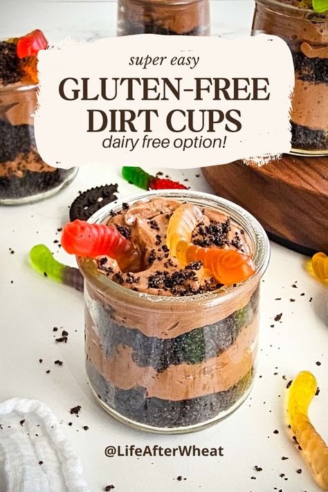 Kids LOVE to make and eat these super easy gluten-free dirt cups! Dairy free subs are listed for all ingredients and these taste great either way you make them. Fun for parties or Earth Day! Gluten Free Dairy Free Dirt Cake, Gluten Free Bday Dessert, Dairy Free Bake Sale Ideas, Dairy Free Dirt Pudding, Dairy Free Dirt Cups, Gluten Free Dirt Cups, Gluten Free Crock Pot Desserts, Dairy Free Treats For Kids, Gluten Free Dirt Cake