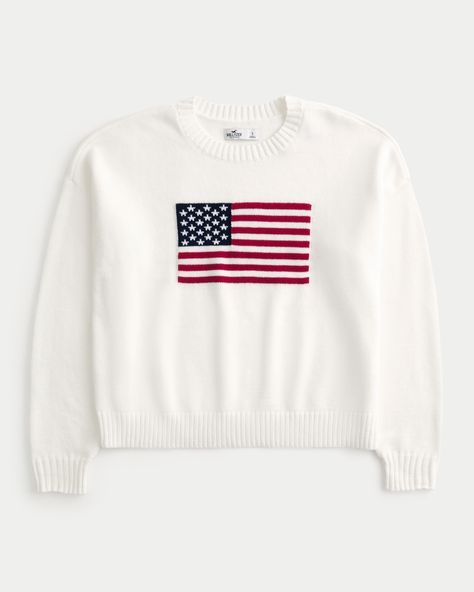 Women's American Flag Graphic Crew Sweater | Women's Sale | HollisterCo.com Flag Sweater, American Flag Sweater, Hollister Sweater, Graphic Sweaters, Over 50 Womens Fashion, Top Graphic Tees, Slim Straight Jeans, Women's Tops, Outfits For Teens