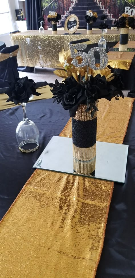 Black And Gold Decorations Party Ideas, Gold And Black Party Centerpieces, Centerpieces For 50th Birthday Party For Women, Centerpieces For 60th Birthday Party For Women, Table Centerpieces For Men Birthday, 50th Party Centerpiece Ideas, 50 Th Birthday Centerpieces, 50th Birthday Ideas For Women Black Gold, 50th Birthday Party Centerpieces For Women